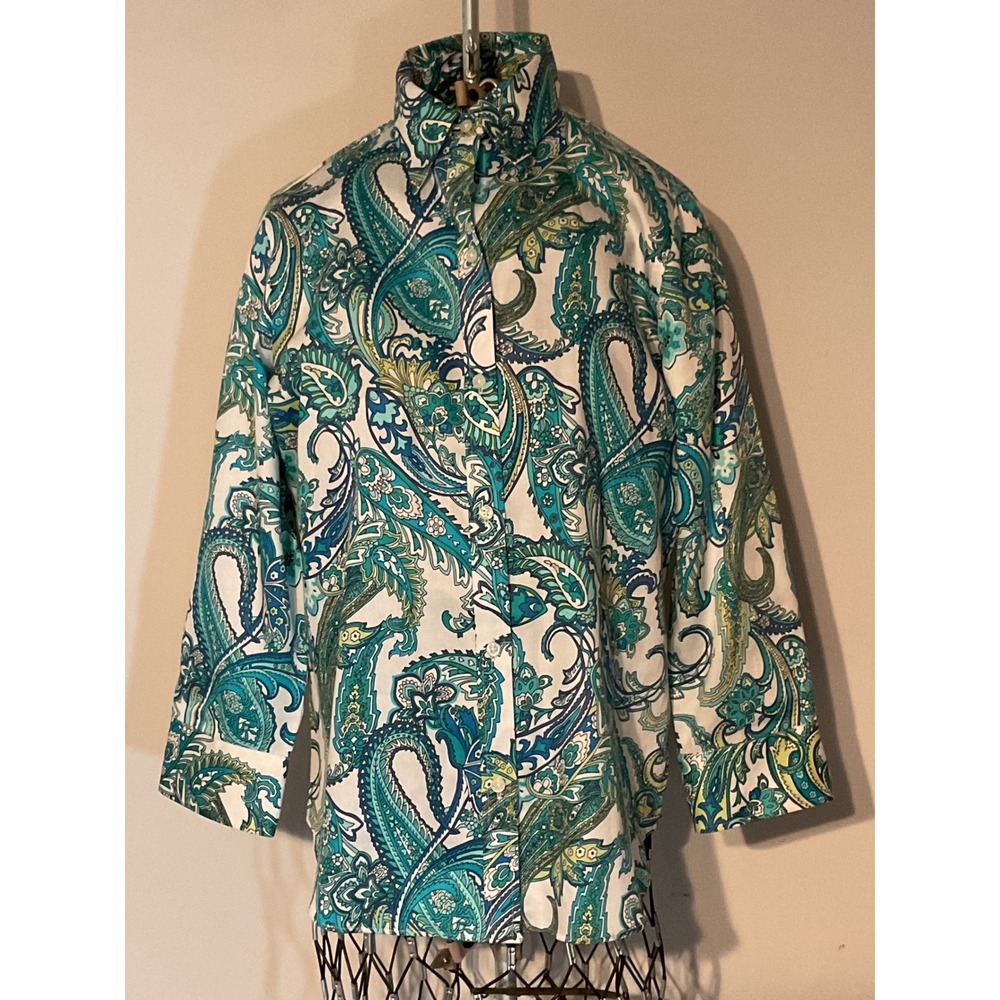 Chaps Classics Womens Medium Teal Blue Paisley No Iron‎ 100% Cotton Button Down